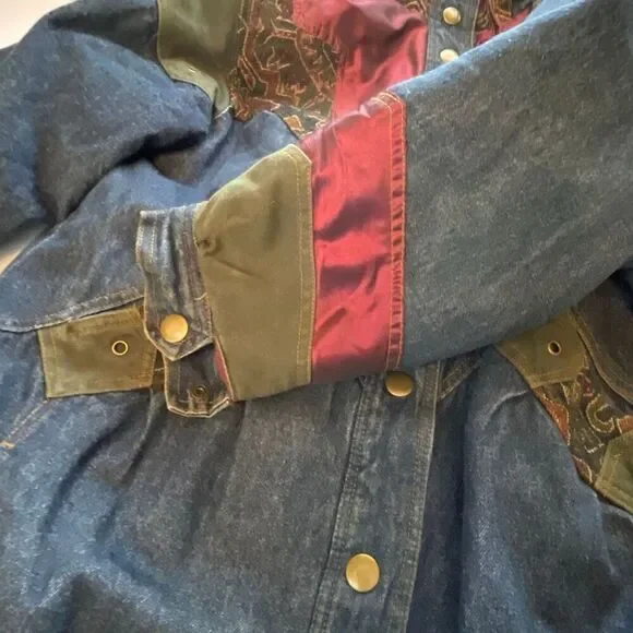 Vintage 90’s women’s size Med denim patchwork coat Aztec inspired - Picture 8 of 14